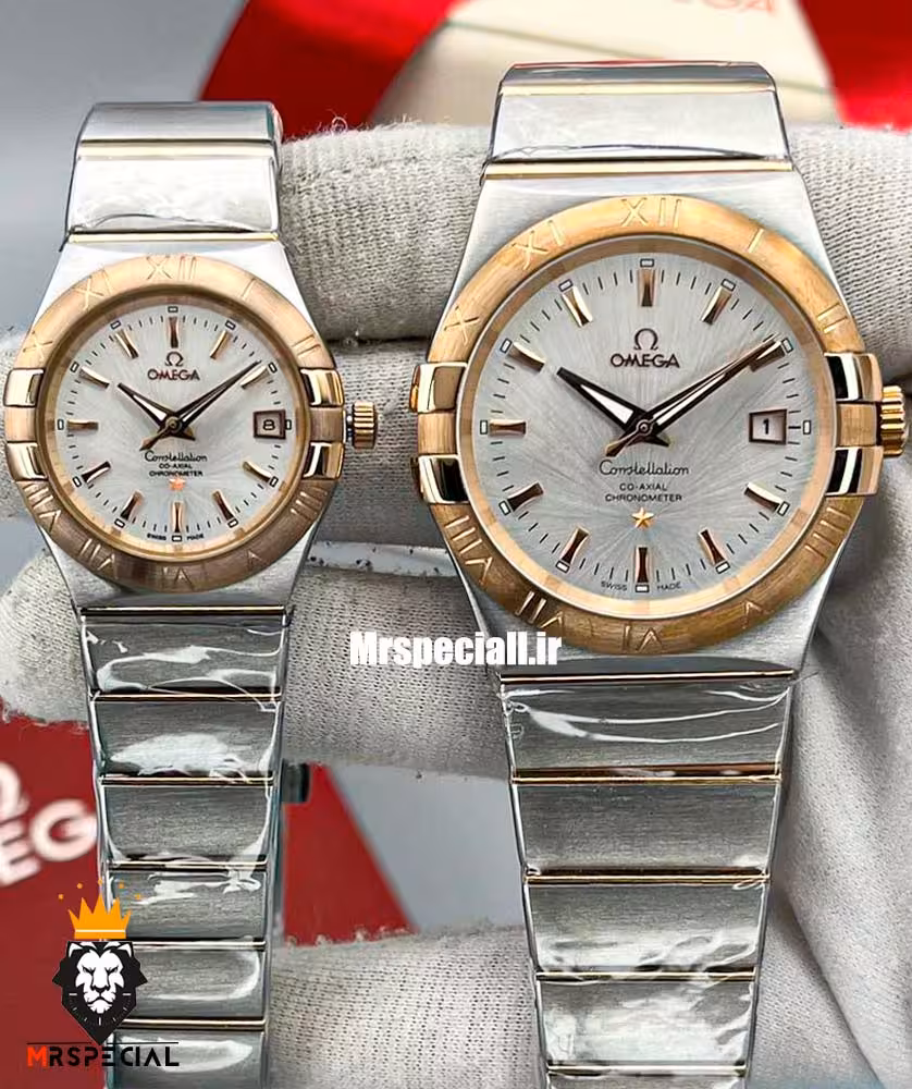 ساعت امگا ست مردانه و زنانه کانسلیشن اتوماتیک دورنگ رزگلد صفحه نقره ای OMEGA constllation 020409