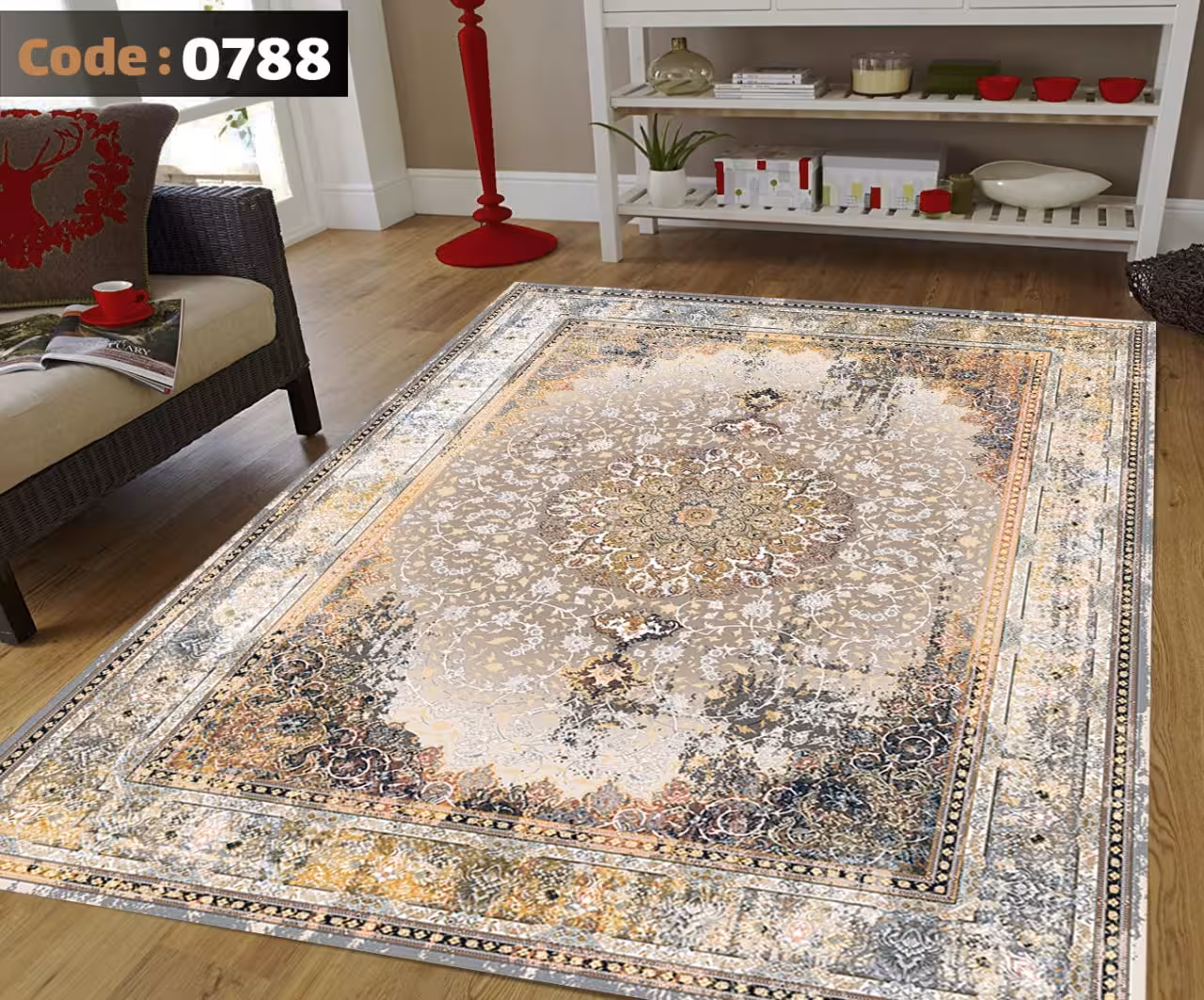 کاورفرش روفرشی دورکشدار گوشه لیفه ای طوسی کرم کد 0788