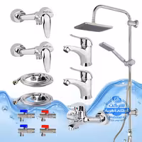 ست 12 عددی شیرآلات برند آیدا صنعت مدل قهرمان اردکی | دو عدد شیر روشویی   شیر ظرفشویی   شیر حمام   شیر توالت   علم دوش صفحه استیل   دو عدد شلنگ توالت   چهار عدد شیر پیسوار | کروم براق