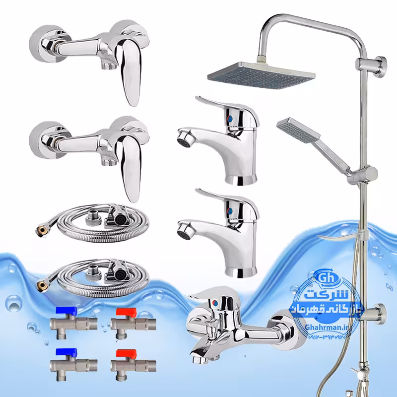 ست 12 عددی شیرآلات برند آیدا صنعت مدل قهرمان اردکی | دو عدد شیر روشویی   شیر ظرفشویی   شیر حمام   شیر توالت   علم دوش صفحه استیل   دو عدد شلنگ توالت   چهار عدد شیر پیسوار | کروم براق