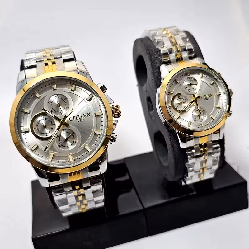 ست ساعت زنانه و مردانه سیتیزن کرنوگراف – موتور ژاپن – دورنگ صفحه سیلور