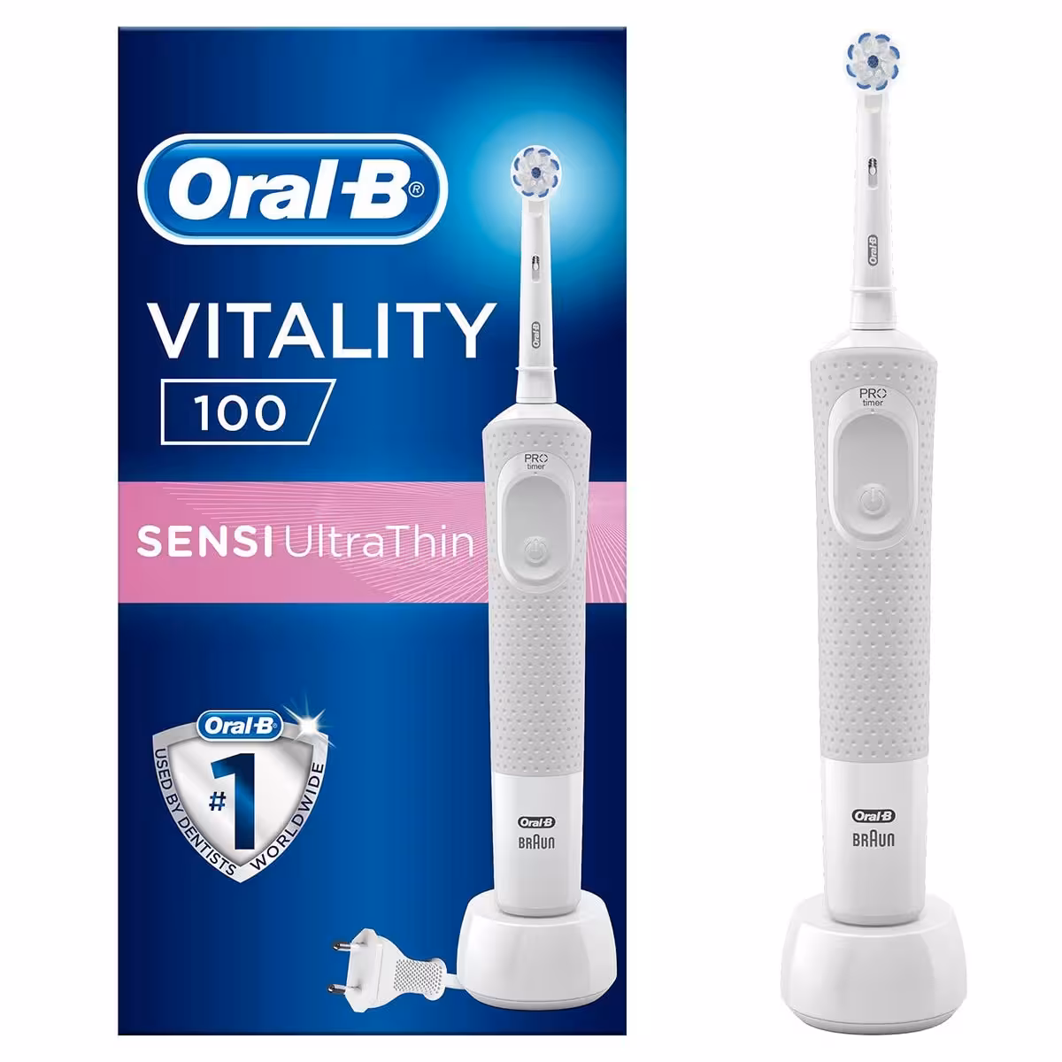9924مسواک برقی قابل شارژ اورال بی، ارسال 14 روزه Vitality D100 Box White Rechargeable Toothbrush Sensi Ultrathin
