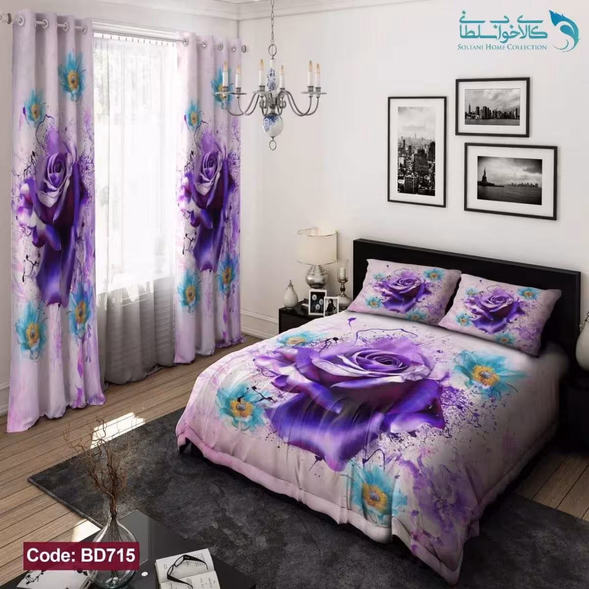 روتختی طرح گل رز بنفش دو نفره کد BD715