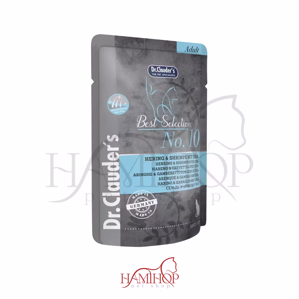 پوچ گربه بالغ دکتر کلادرز با طعم شاه ماهی و میگو و چیا 85گرم Dr Clauder´s Hering & Shrimps mit Chia;