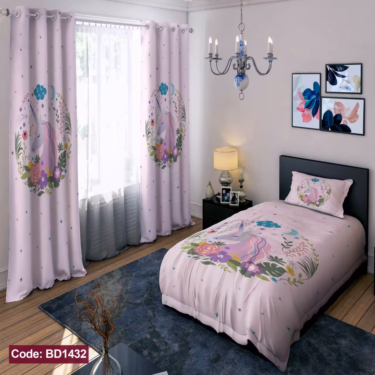 پرده پانچی مخمل چاپی دخترانه کد 1432