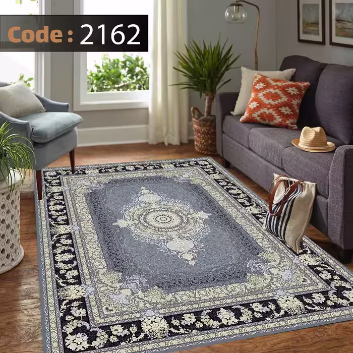 کاورفرش روفرشی دورکشدار گوشه لیفه ای طوسی کرم کد 2162