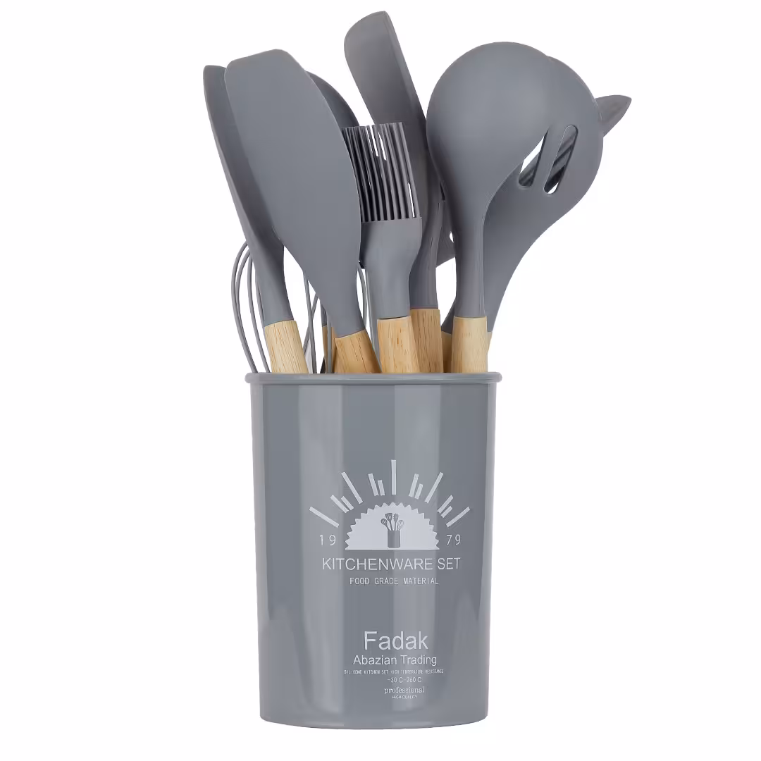 ست کفگیر و ملاقه 12 پارچه سیلیکونی دسته چوبی فدک fadak