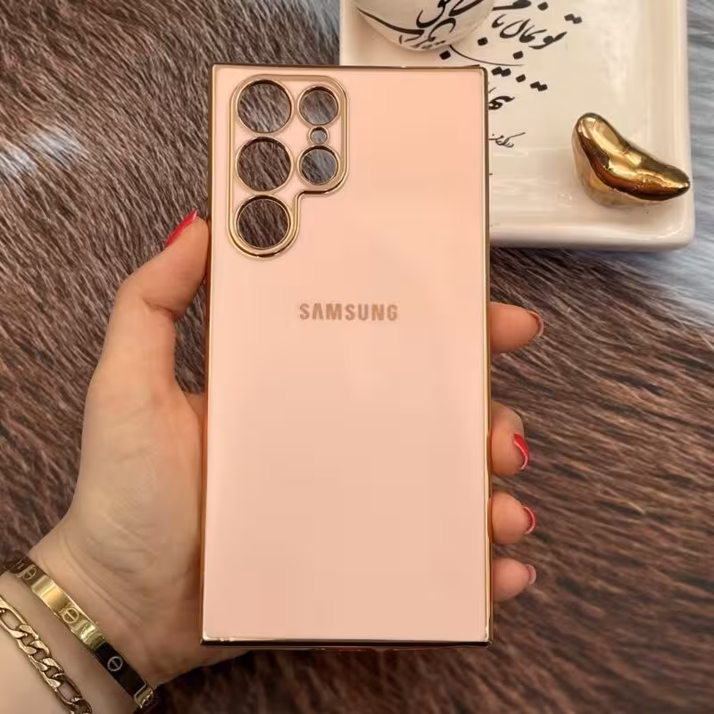 قاب گوشی Galaxy S22 Ultra سامسونگ ژله ای مای کیس طرح Gold Line دور طلایی محافظ لنز دار گلبهی