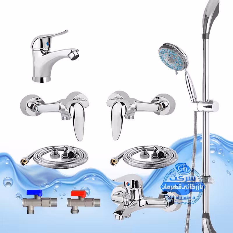 ست 9 عددی شیرآلات برند آیدا صنعت مدل قهرمان اردکی | شیر روشویی   شیر حمام   دو عدد شیر توالت   علم دوش یونیکا   دو عدد شلنگ توالت   دو عدد شیر پیسوار | کروم براق
