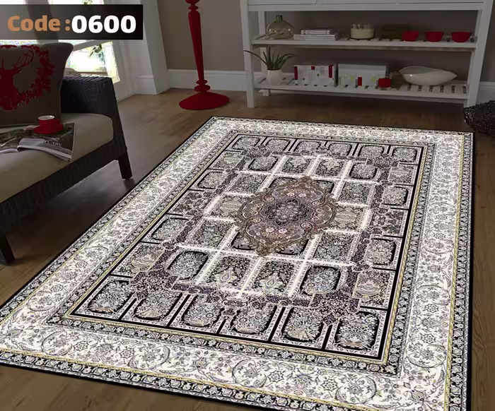 کاورفرش روفرشی دورکشدار گوشه لیفه ای کرم  قهوه ای کد 0600