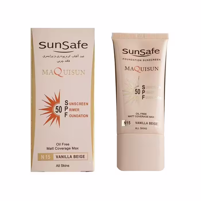 ضد آفتاب کرم پودری و پرایمری فاقد چربی SPF50 بژ ابریشمی سان سیف- Sun Safe