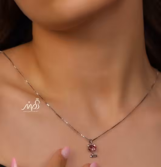 💍گردنبند جواهری گربه با نگین صورتی  ، خاص و زیبا ، نقره عیار 925 (G_3270)‌‌‌‌‌‌