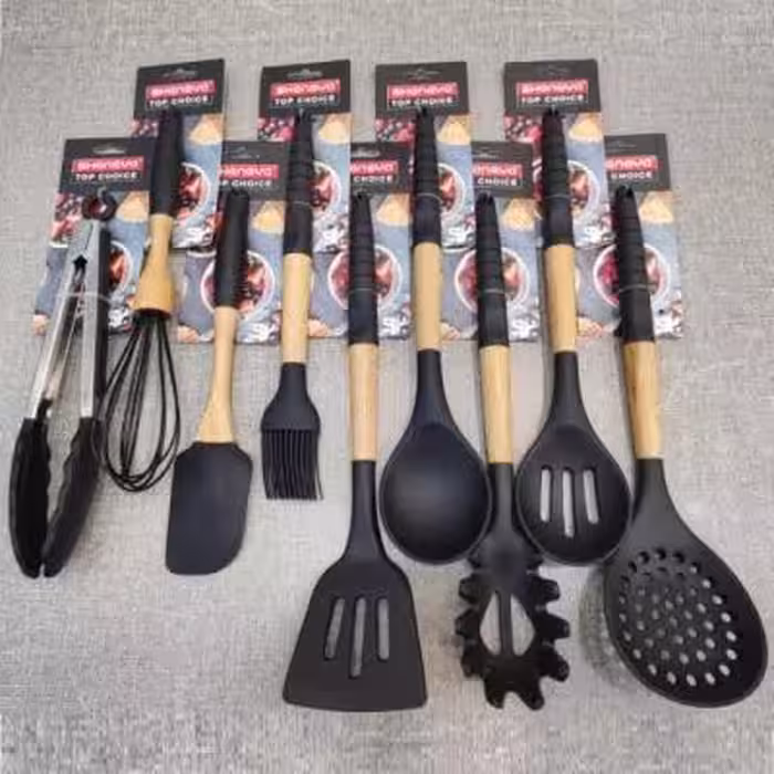 ابزار آشپزخانه دسته چوبی سیلیکونی (9 پارچه)