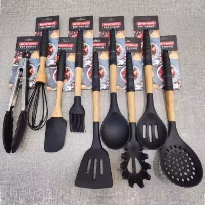 ابزار آشپزخانه دسته چوبی سیلیکونی (9 پارچه)