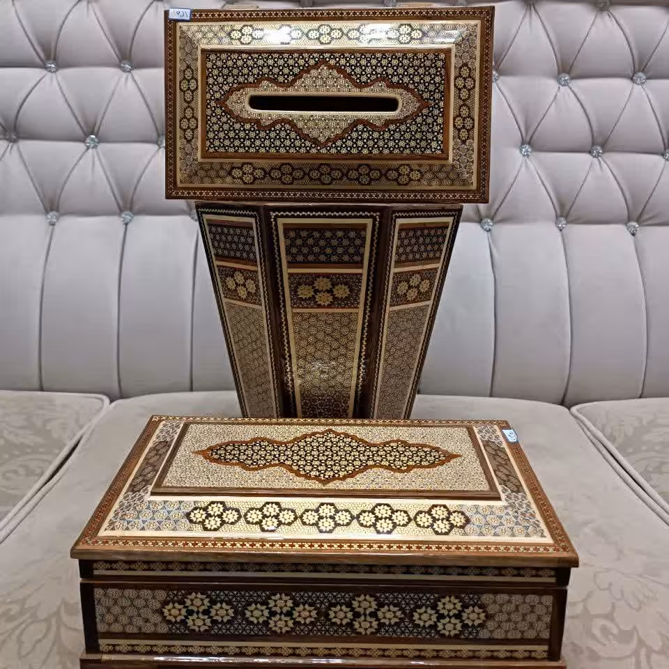 سرویس سطل و دستمال کاغذی و جا قاشق چنگالی خاتم کاری شده صادراتی