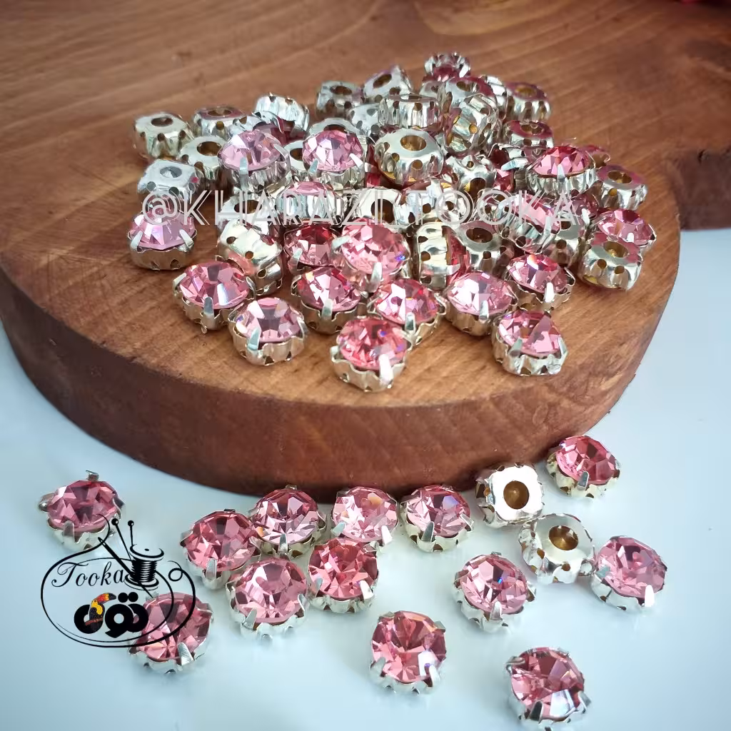 نگین گرد پایه دار صورتی (پایه نقره ای)