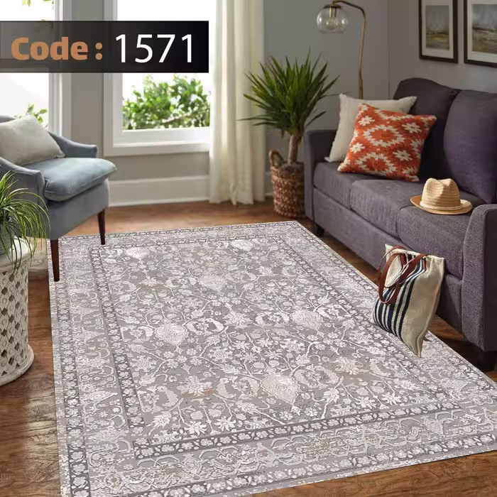 کاورفرش روفرشی دورکشدار گوشه لیفه ای طوسی کرم کد 1571