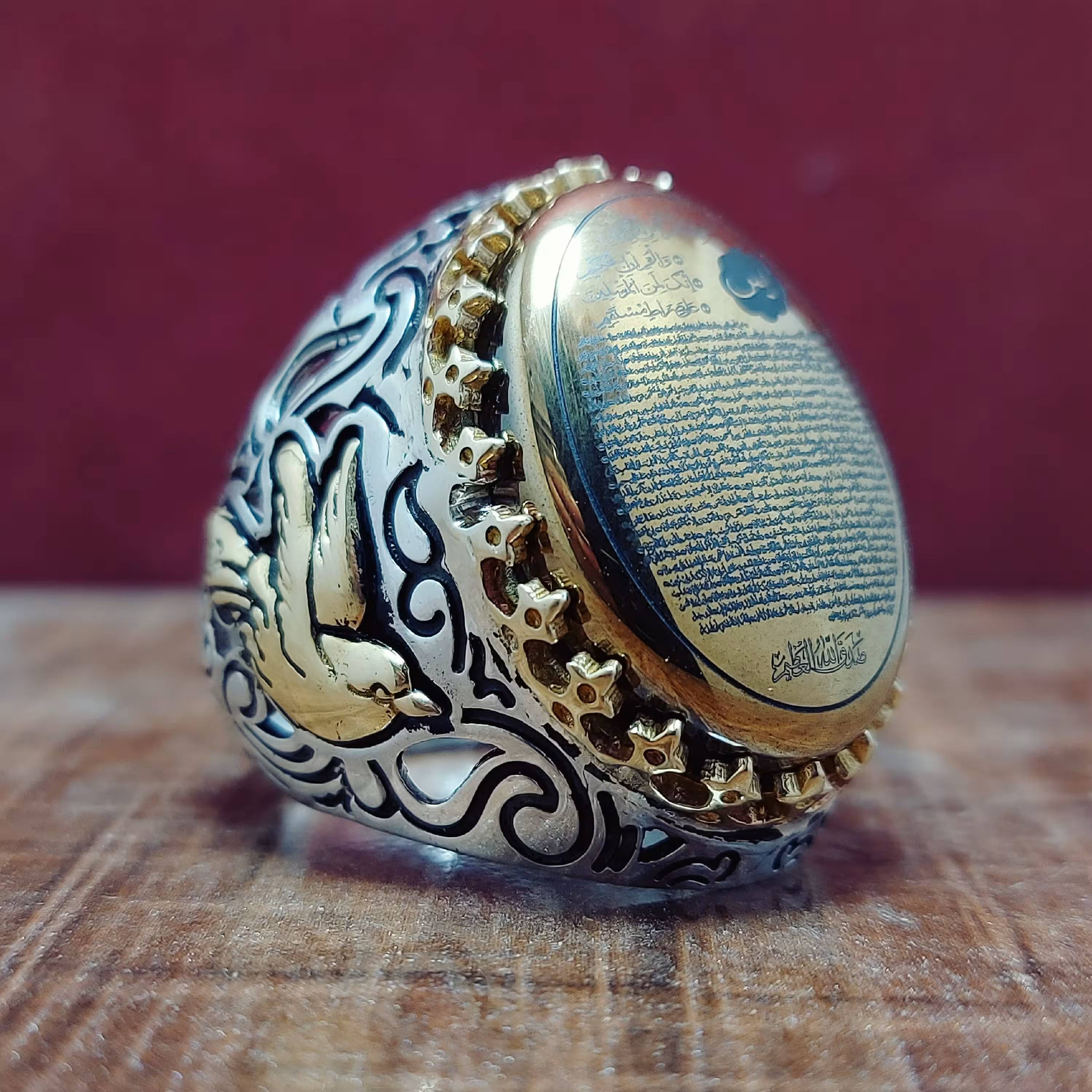 انگشتر نقره شیک مردانه طرح قلم با نگین حدید اصلی معدنی سوره یاسین کامل 