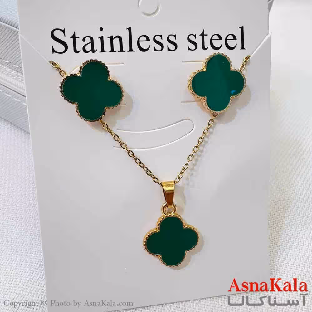 نیم ست زنانه شامل گردنبند و گوشواره  استیل مدل ونکلیف سبز کد NIM14601W