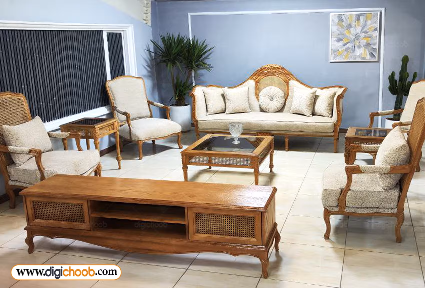 مبل کویین فرانسوی حصیری با کاناپه کاجی