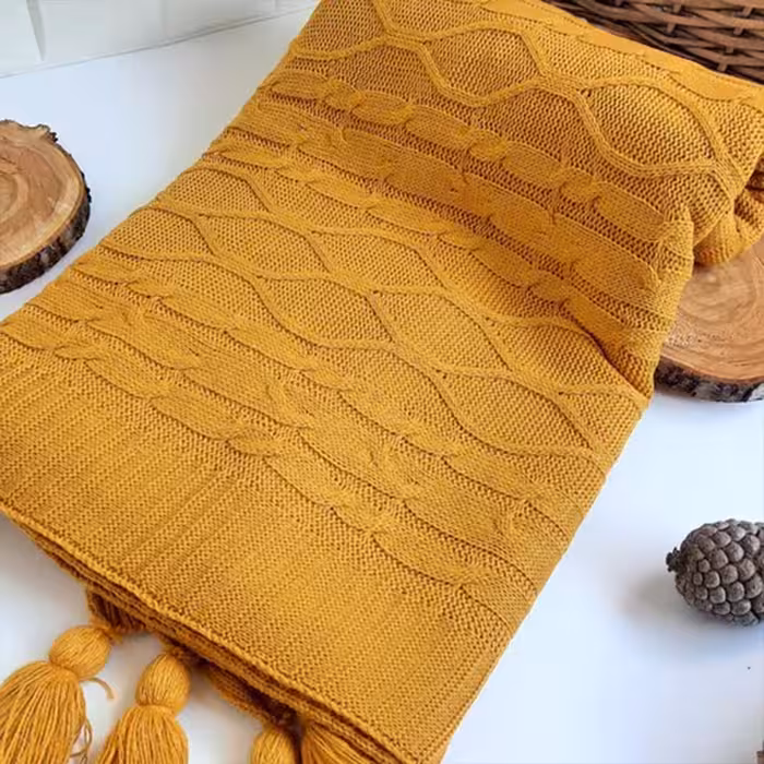 شال مبل بافتنی چیداری رنگ خردلی - چیداری