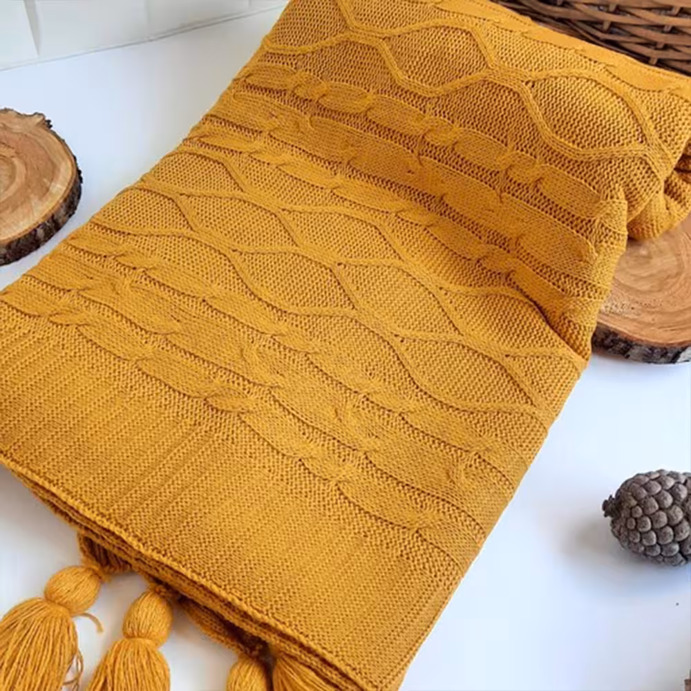 شال مبل بافتنی چیداری رنگ خردلی - چیداری