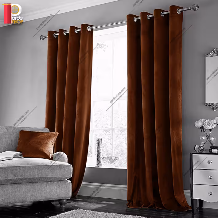 پرده آماده پانچی مخمل کلاسیک رنگ  قهوه‌ای عسلی ارتفاع 160 سانتی متر