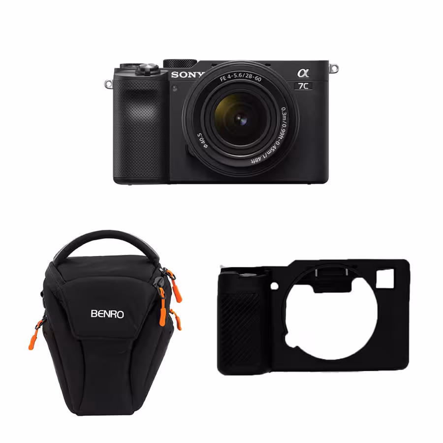 کیت دانشجویی دوربین سونی alpha a7C Kit 28-60mm ، کاور سیلیکونی سونی A7C و کیف بنرو Z20