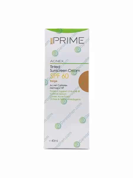 کرم ضد آفتاب رنگی فاقد چربی پریم SPF60 مناسب پوست های چرب و دارای جوش 40 میلی لیتر – Prime Acnex Sunscreen Cream SPF60 40 ml