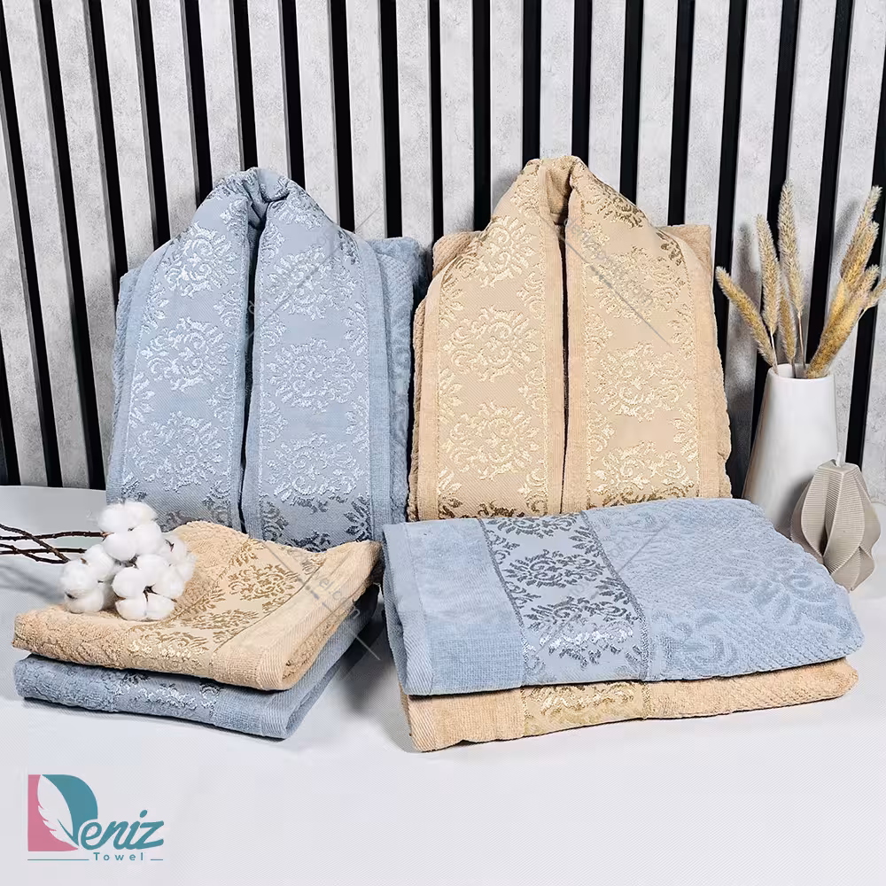 حوله ست دو نفره ژاکارد رنگ طوسی و نسکافه ای