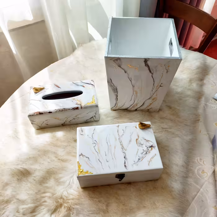 ست سطل و جای دستمال کاغدی و جای کارد و چنگال رزینی طرح سنگ مرمر