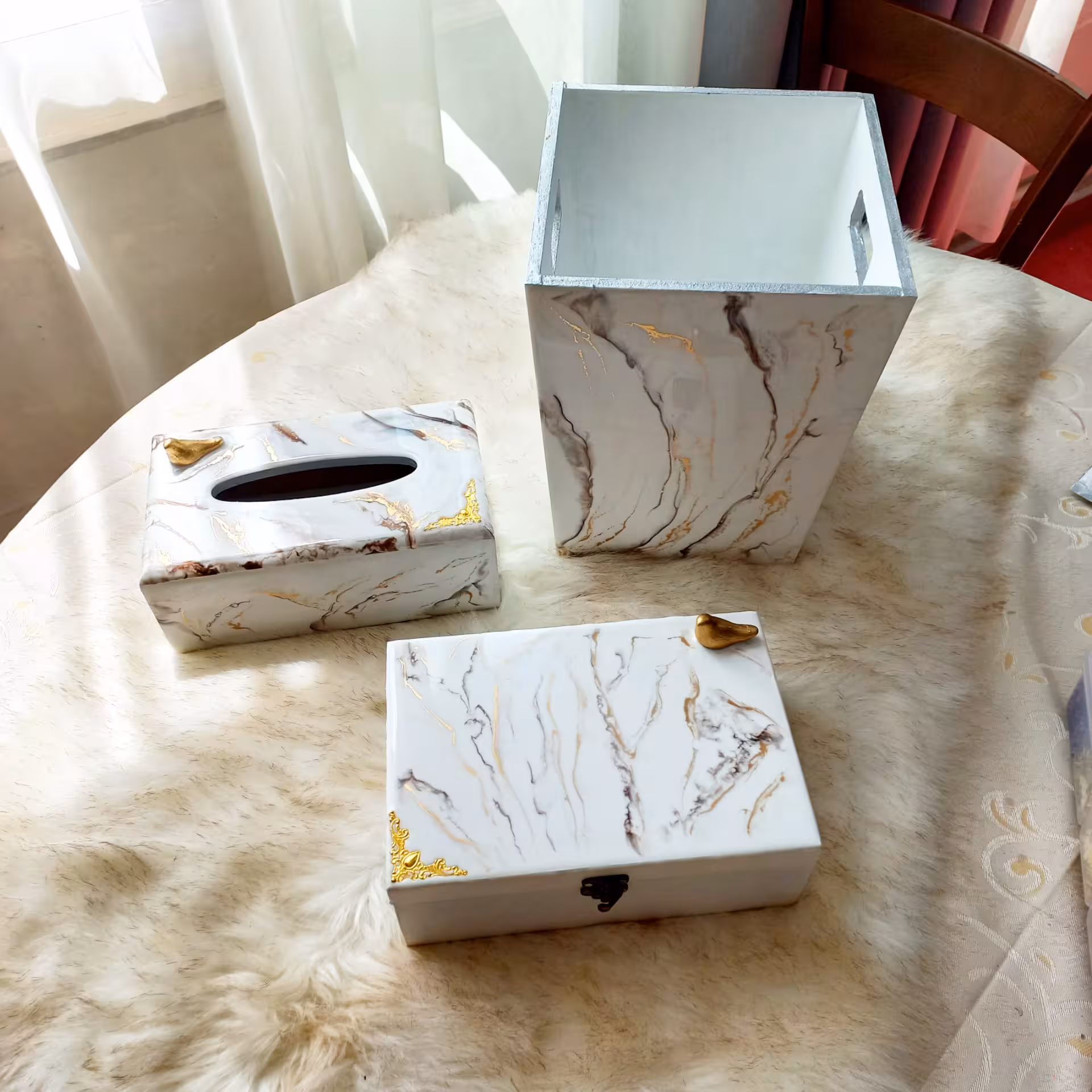 ست سطل و جای دستمال کاغدی و جای کارد و چنگال رزینی طرح سنگ مرمر