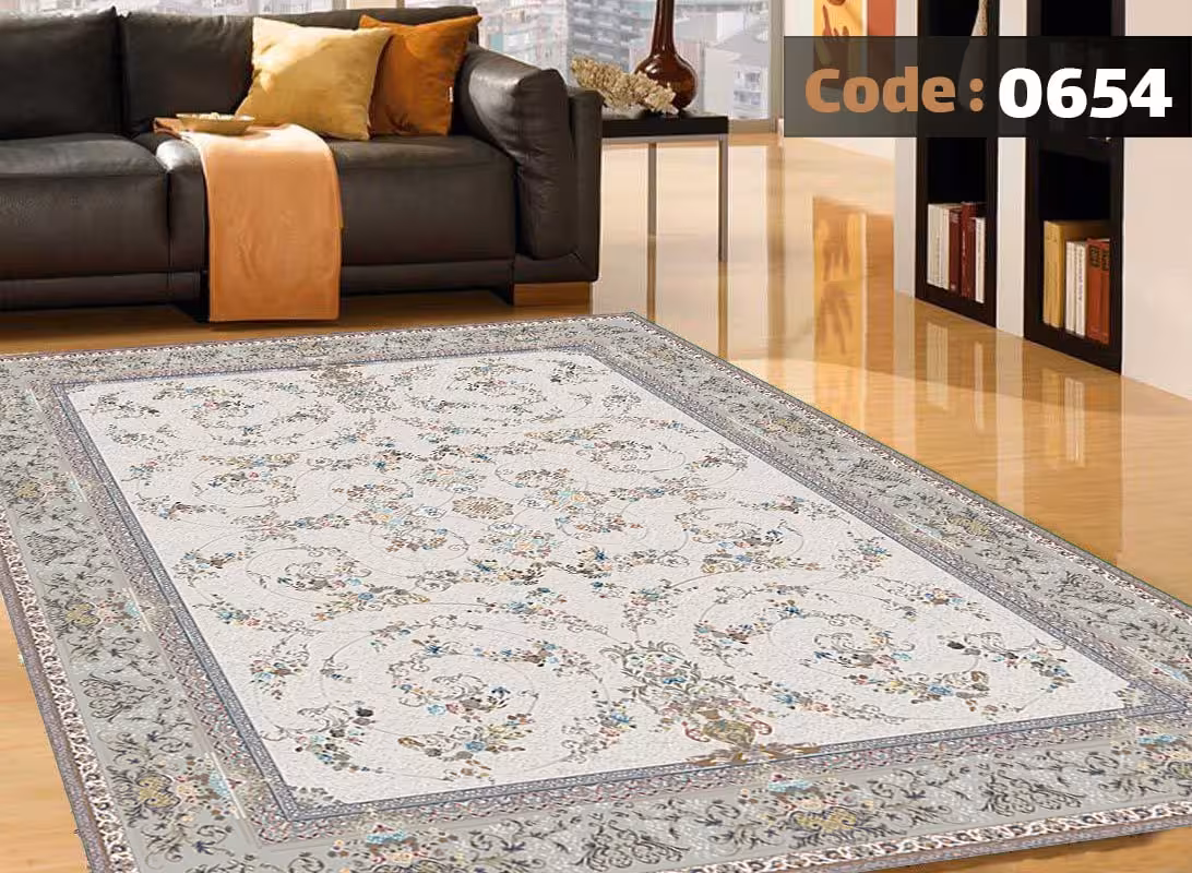 کاورفرش روفرشی دورکشدار گوشه لیفه ای طوسی کرم کد 0654