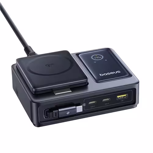 هاب شارژر 3 پورت و شارژر وایرلس بیسوس Baseus P10170901123 Nomos Qi2 CCNMS140 توان 140 وات