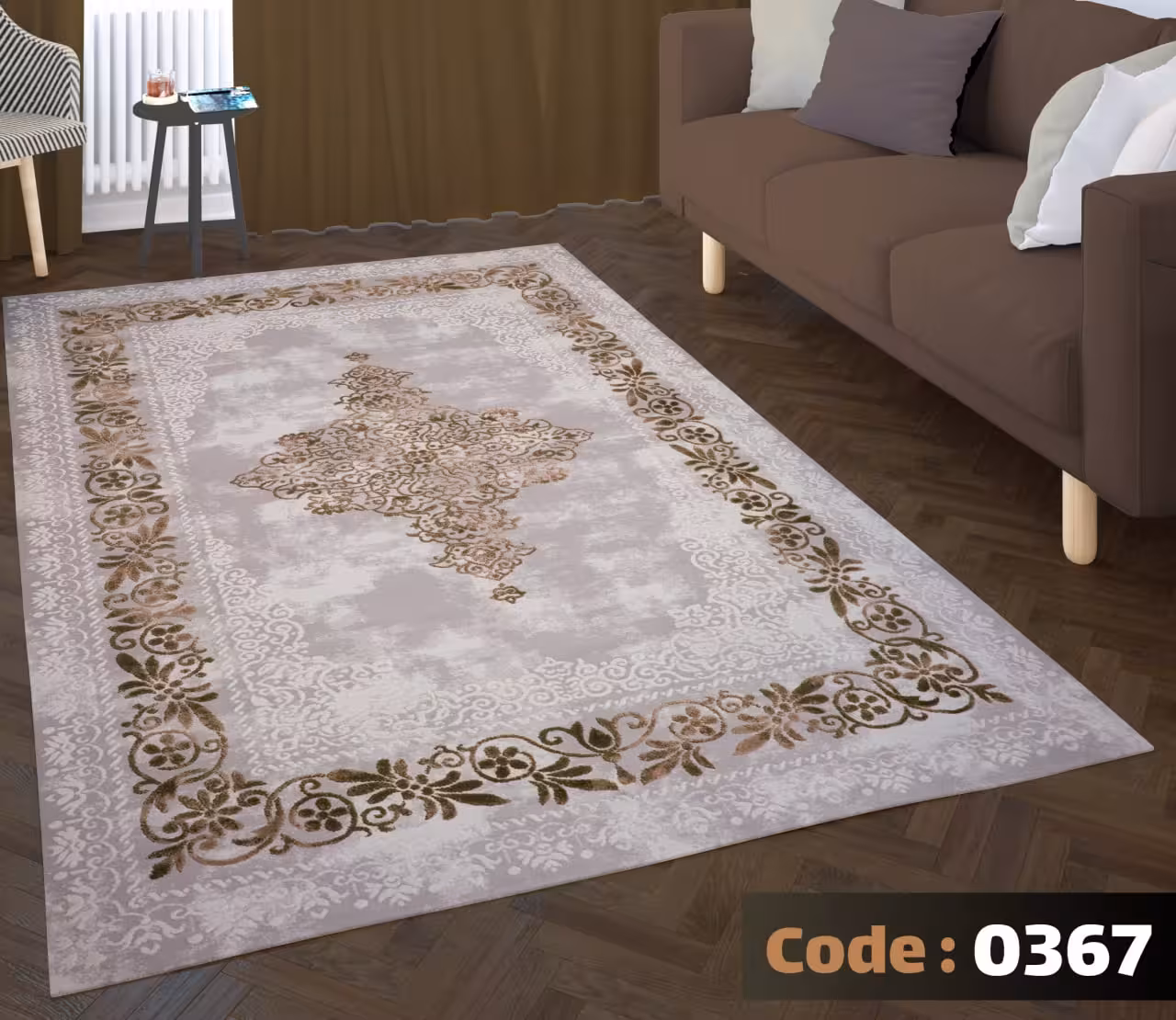 کاورفرش روفرشی دورکشدار گوشه لیفه ای کرم  قهوه ای کد 0367