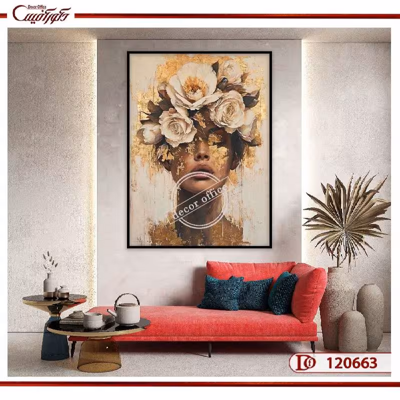 تابلو مدرن چهره با تم طلایی و گل‌های برجسته R120663