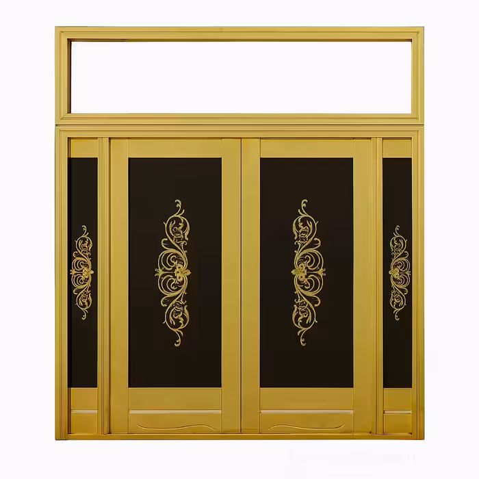 درب استیل طلایی چهار لنگه با شیشه مشکی و طرح اسلیمی کد 302254