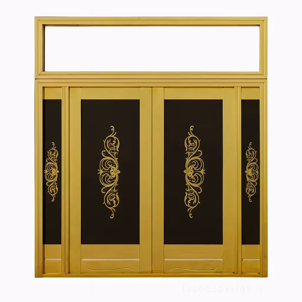 درب استیل طلایی چهار لنگه با شیشه مشکی و طرح اسلیمی کد 302254