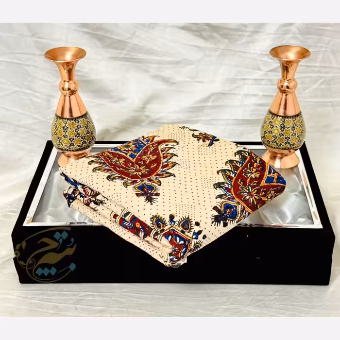 ست هدیه خاتم کاری گلدان و رومیزی قلمکار با جعبه مخمل