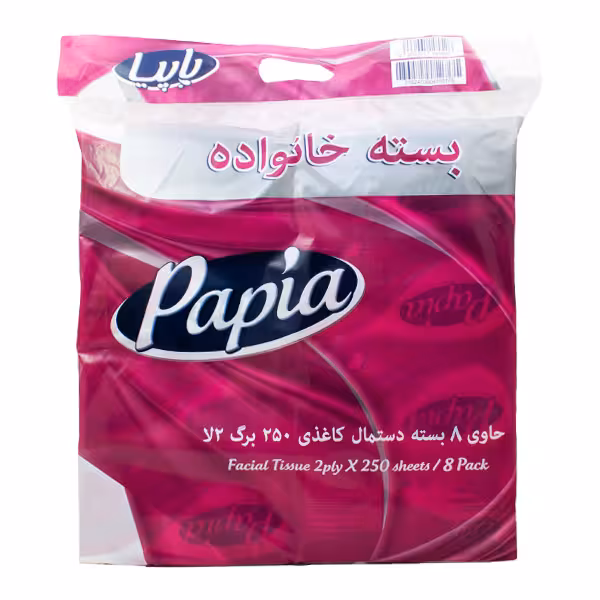 دستمال کاغذی نایلونی پاپیا 250 برگ 2 لایه بسته 8 عددی