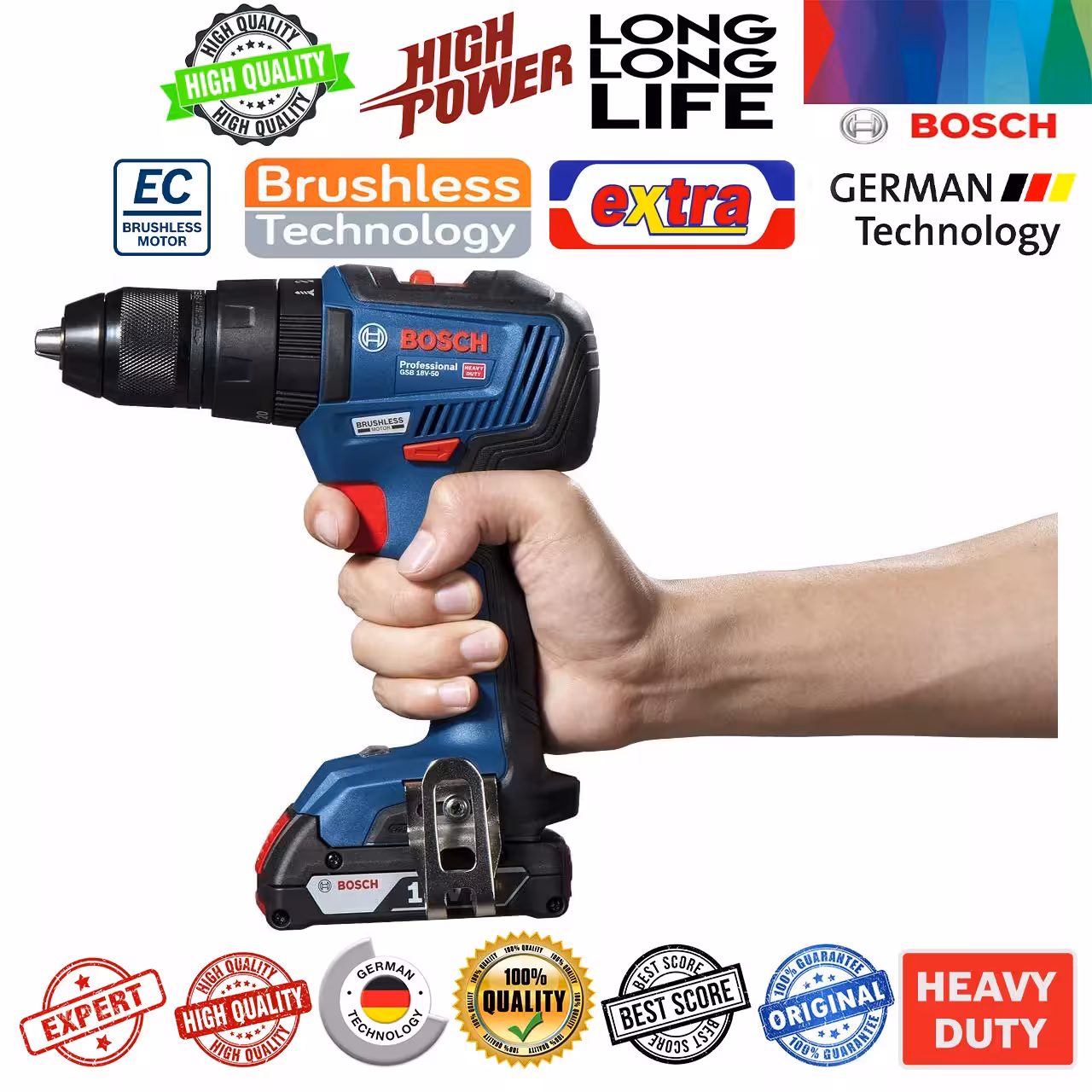 دریل شارژی چکشی بوش مدل حرفه ای بدون ذغال GSB 18 V-50   1 Extra