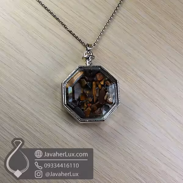 گردنبند سنگ چشم ببر سنگ طبیعی هشت ضلعی _ کد : 400978