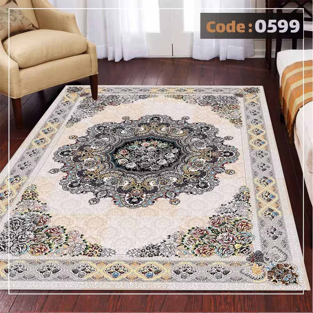 کاورفرش روفرشی دورکشدار گوشه لیفه ای کرم  قهوه ای کد 0599