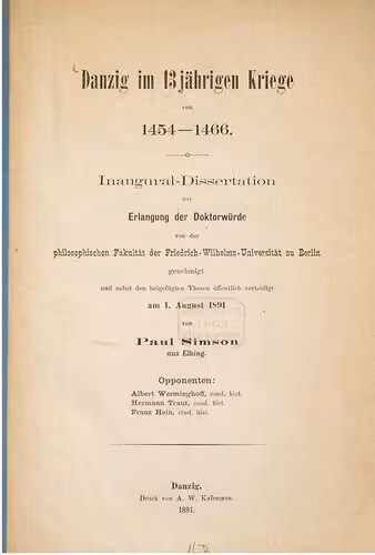 خرید و دانلود نسخه کامل کتاب Danzig im 13jährigen Kriege von 1454-1466