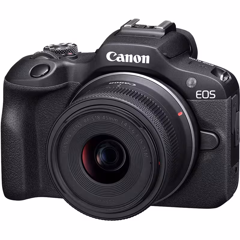 دوربین DSLR کانن مدل EOS R100 Mirrorless، حسگر CMOS با دقت 24.1 مگاپیکسل، فیلم‌برداری با رزولوشن 4K، صفحه نمایش 3 اینچ LCD، همراه با لنز 45_18 میلی‌متری، محدوده دیافراگم F4.5-6.3، دارای لرزشگیر تصویر، فوکوس خودکار، وزن 1130 گرم(جعبه باز)