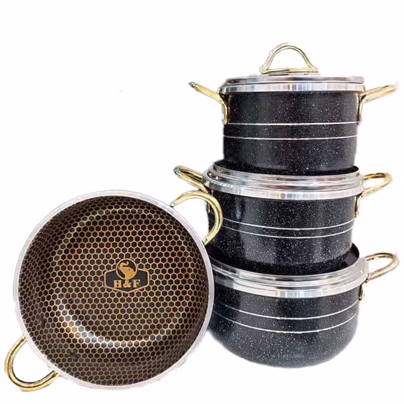 سرویس قابلمه ی دانشجویی 7 پارچه طرح زنبوری داخل گرانیت دسته طلایی