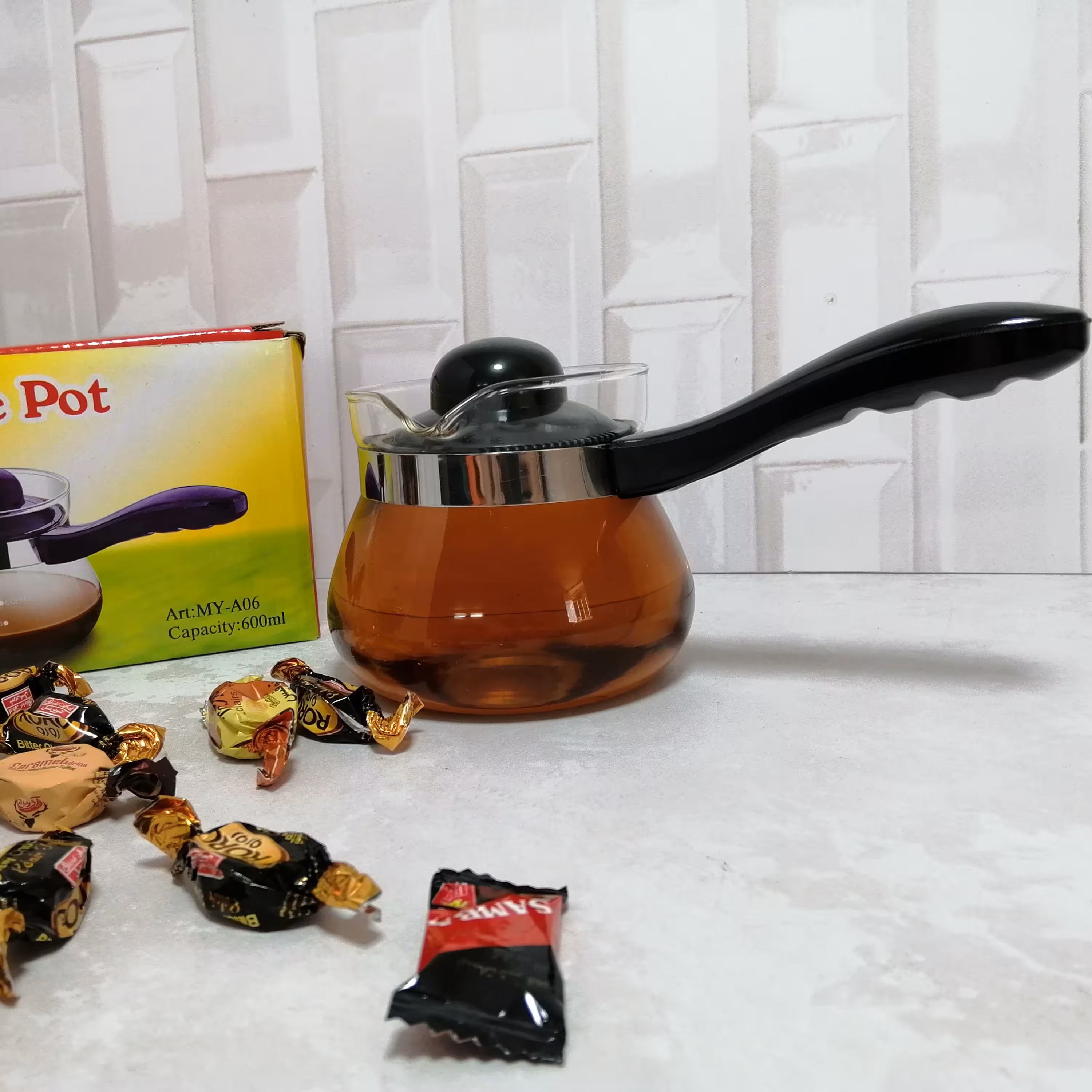 شیرجوش پیرکس دسته مشکی کوچک 600میل قهوه جوش پیرکس قوری پیرکس دارای جعبه کادوئی