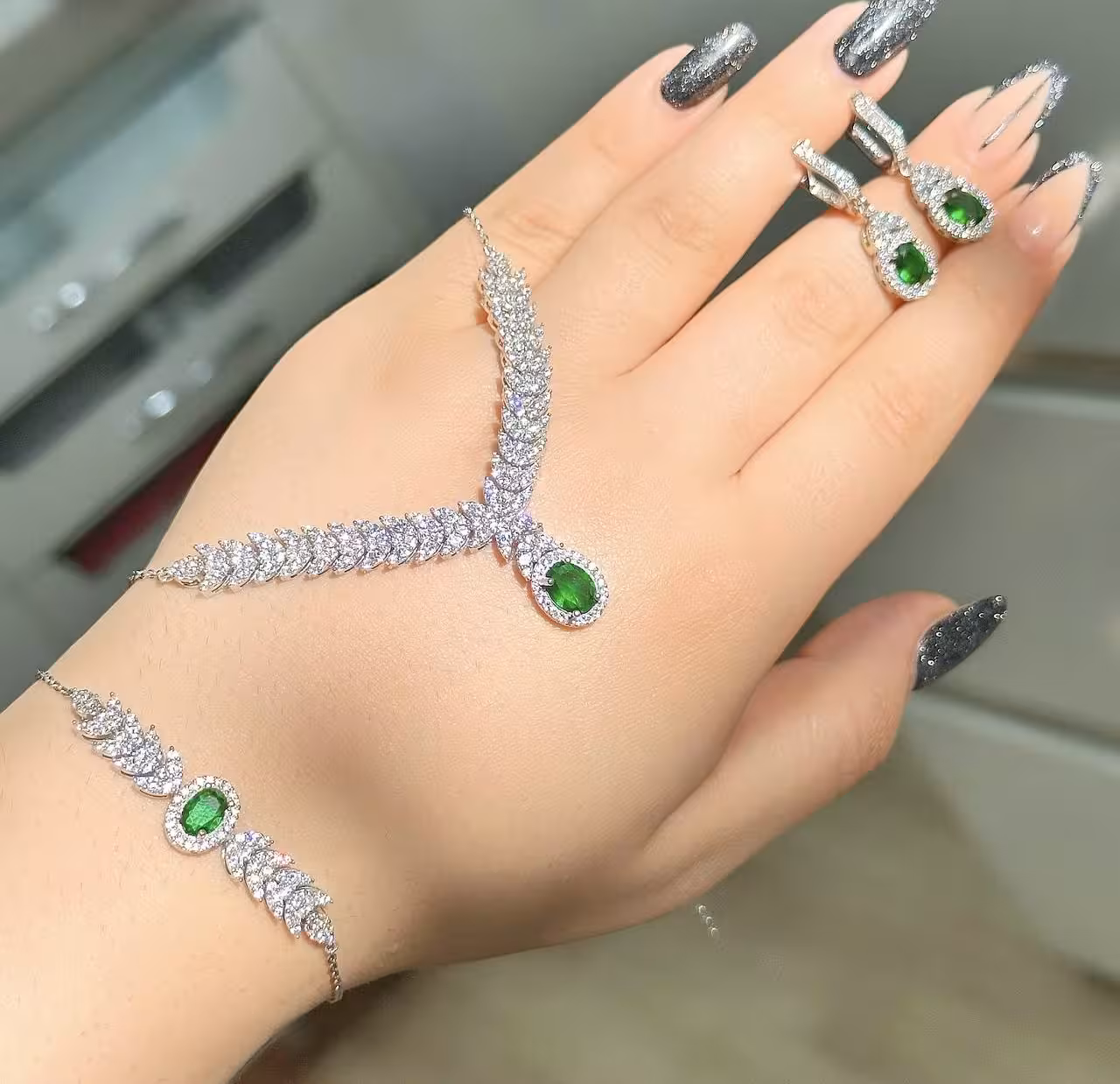 سرویس زمرد نقره جواهری زنانه کد 60290