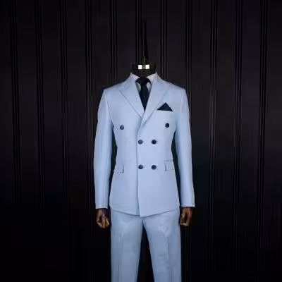 کت شلوار آبی آسمانی کرپ دبل برست