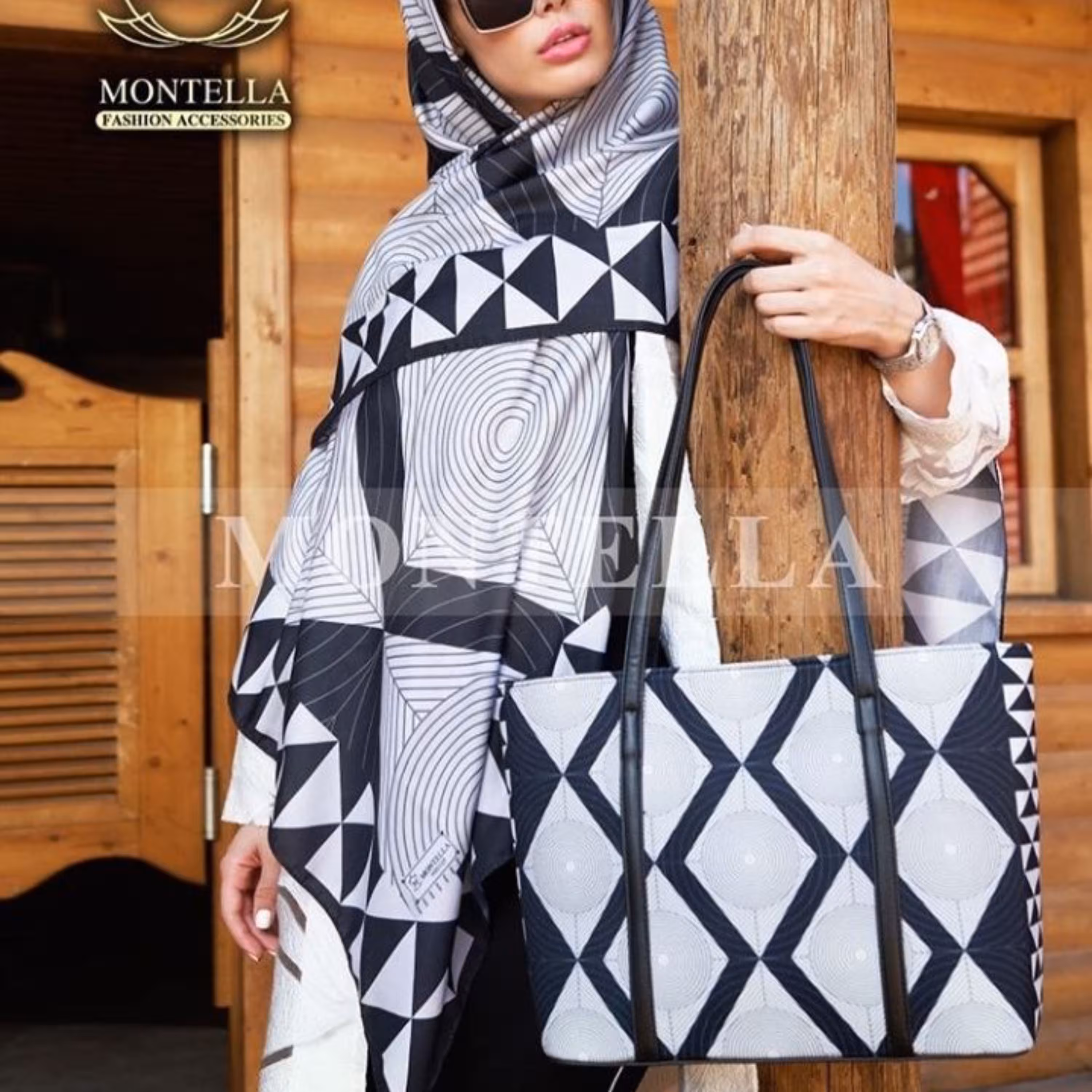 ست کیف و روسری سفید و مشکی